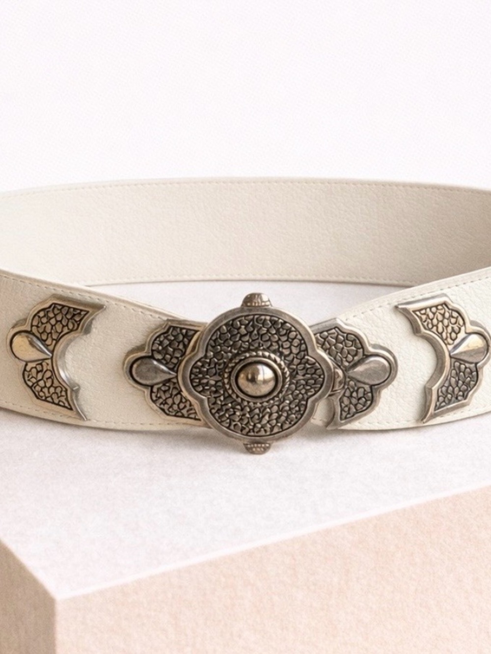 White Leather Belt with Ornate Silver Medallion